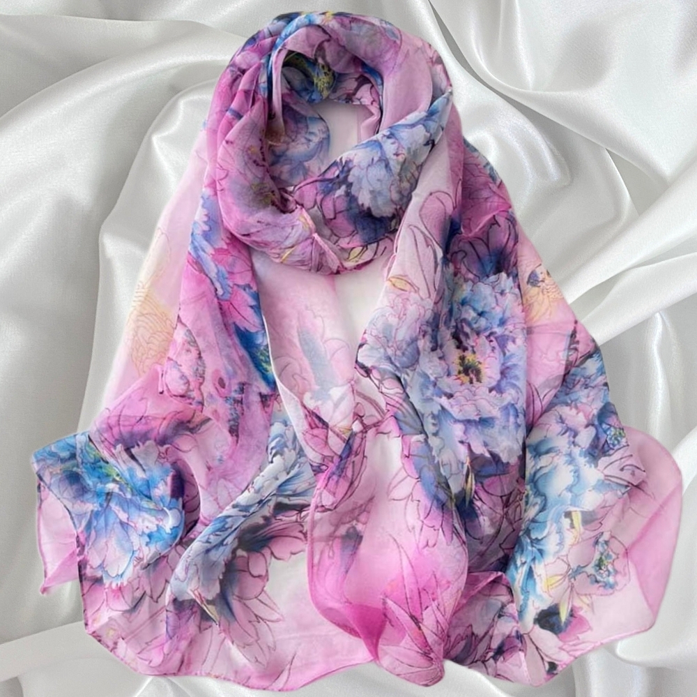 👣4/$20. Soft, Light Weight Polyester Floral Pink and Blue Scarf. NWT